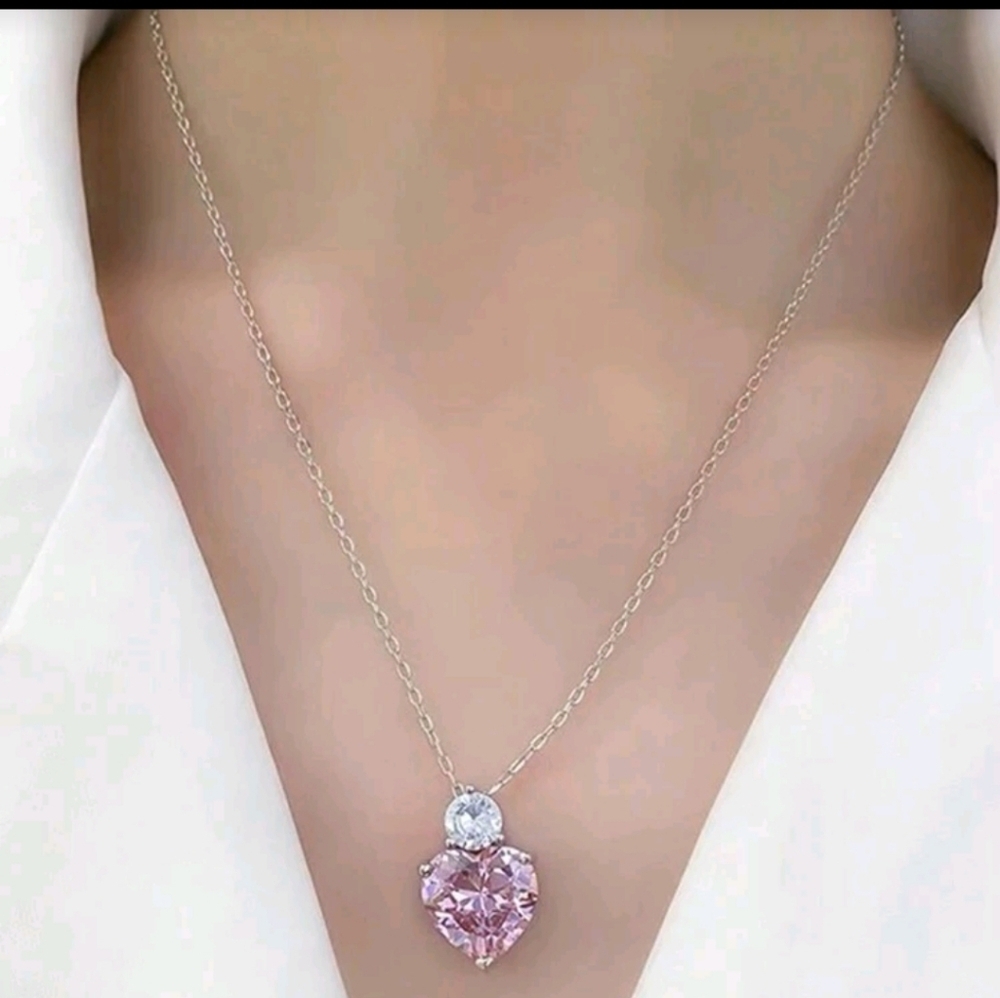 Pink Cubic Zirconia Heart Drop Set Pendant Silver Necklace Earrings - Picture 5 of 7